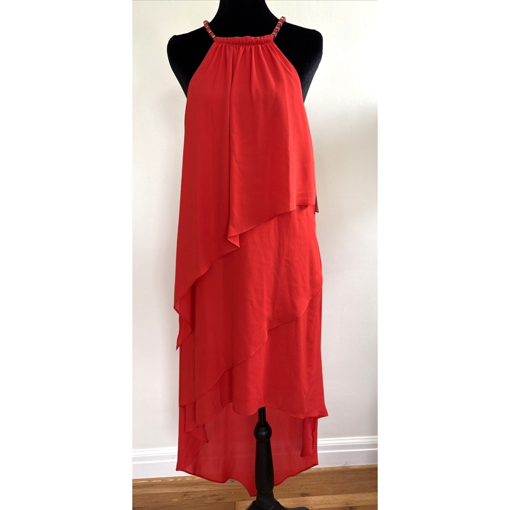NWT Laundry by Shelli Segal Red High Low Tiered Halter‎ Dress HP01W18 Size 10